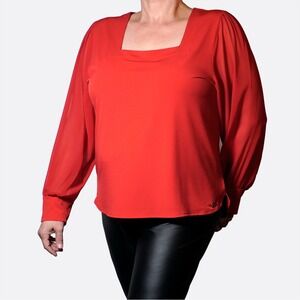 Calvin Klein Ruby Red Square Neck Sheer Sleeve Blouse 0X Large Quiet Luxury